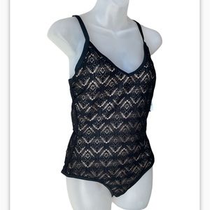 black lace open weave one piece swimsuit size large no underwire NWT